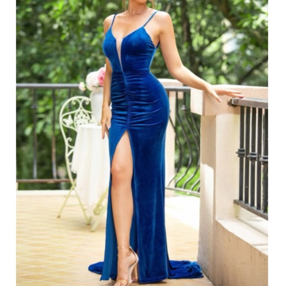 Luxe ruched slit thigh open back party formal holidays dress - Picture 6 of 9